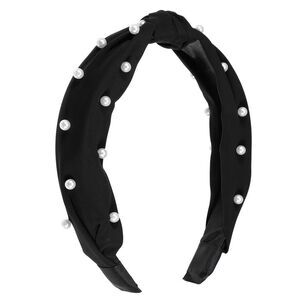 Satin Knotted Pearl Headband Hairband Black 1.1 Inch Wide